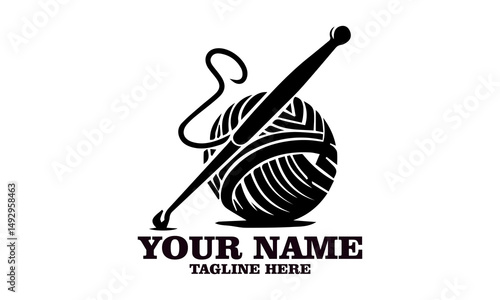 illustration knitting, crocheting. ball of wool and crochet hook isolated on white background. Handmade crochet and knitting logo design, Handmade crochet and knitting vector illustration