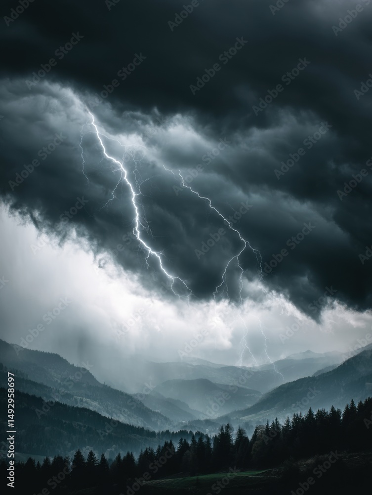 Obraz premium Dramatic Lightning Storm Over Mountainous Landscape with Dark Clouds and Rain in Atmospheric Weather