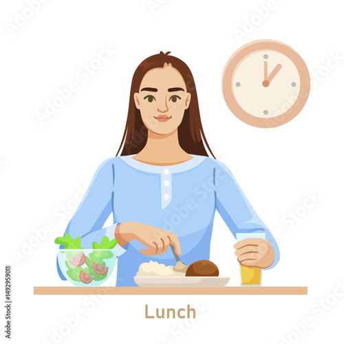 Woman eating lunch with a plate of rice, meat, salad, and juice. A clock in the background shows time. Concept of healthy eating. Vector illustration