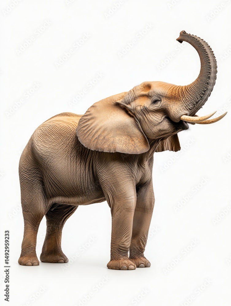 Fototapeta premium Elephant standing proudly with trunk raised on white background