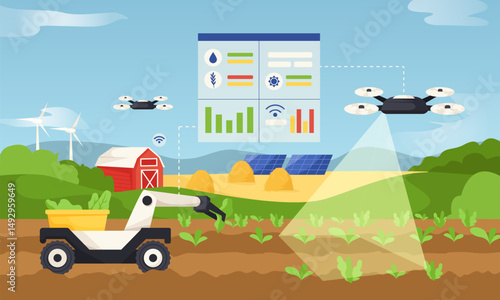 Automated smart farm with drones, robot harvester, data dashboard, solar panels, windmills, barn on rural field background. Vector illustration