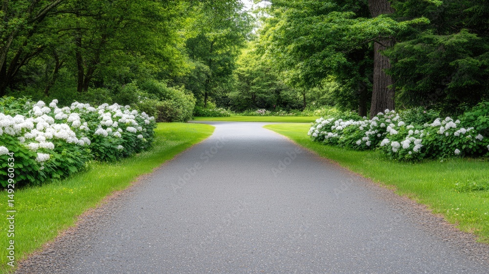 Paved pathway through lush garden with white flowers Paved pathway through lush garden with white flowers