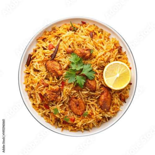 Delicious Chicken Biryani Rice Served with Lemon Garnishing on a Plate Against Transparent Background