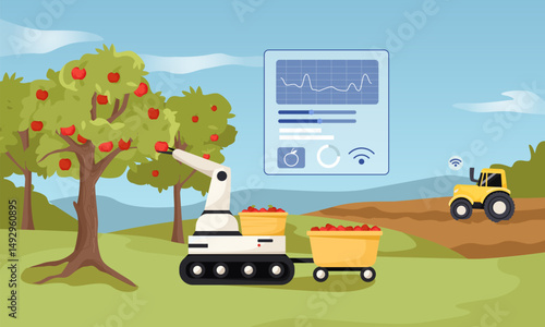 Robot picking apples on smart farm with digital interface, flat graphic style, outdoor natural background. Concept of smart agriculture. Vector illustration