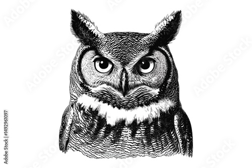 Great Horned Owl Engraving, Hand-drawn Night Bird, Vintage Etching Style Wildlife Art, Monochrome Forest Animal Sketch, Retro Owl Illustration, trendy bird art