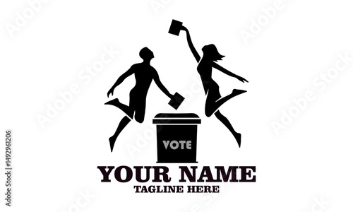 Illustration of two people voting while jumping in energetic pose on yellow background. Civic engagement concept, vote vector illustration and vote logo icon