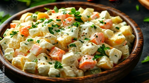 Wooden bowl holds creamy potato salad with herbs on a dark wood surface