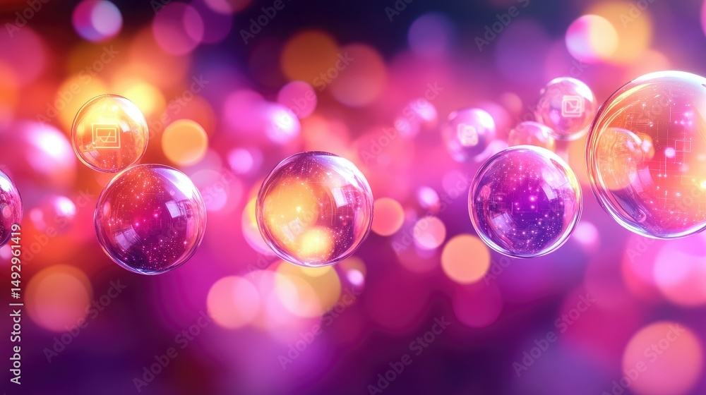 Colorful, translucent spheres float in a vibrant, blurred background of pink and orange lights Colorful, translucent spheres float in a vibrant, blurred background of pink and orange lights
