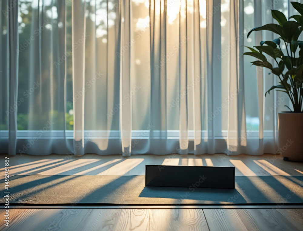 Fototapeta premium Serene morning light fills a peaceful room with a yoga mat, yoga block, and plant near sheer curtains.