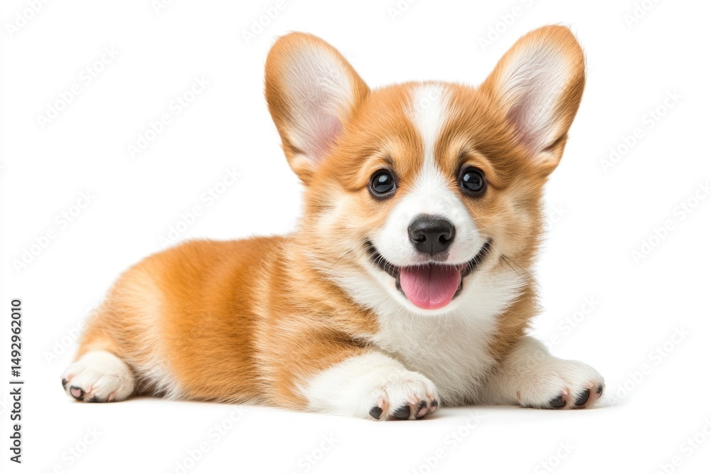 Corgi puppy lying down with a happy expression on white background Corgi puppy lying down with a happy expression on white background
