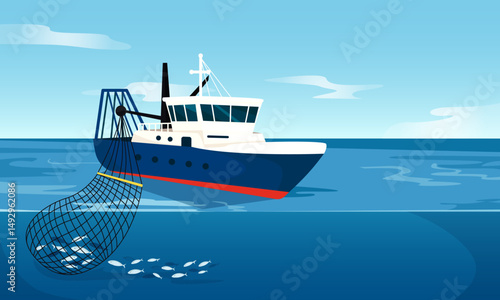 Commercial fishing trawler pulling fish with net in ocean, flat style on blue water background. Concept of seafood industry. Vector illustration