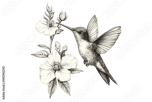 Hummingbird Hovering Near Flower, Hand-drawn Tiny Bird Illustration, Antique Etching, Vintage Wildlife Drawing, Retro Ornithology Sketch