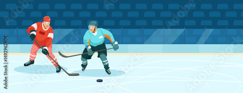 Two hockey players in action on ice rink, flat graphic style, with empty stadium seats background, concept of competition and teamwork. Vector illustration