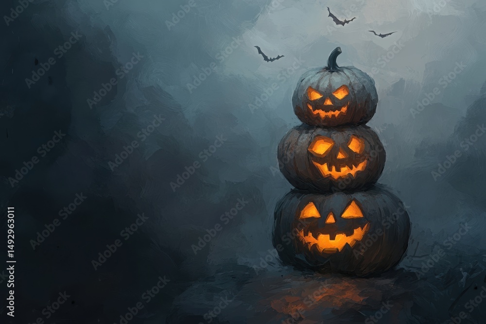 Naklejka premium Stacked jack o lanterns with bats on a foggy night for halloween decorations, greeting cards, and festive backgrounds.