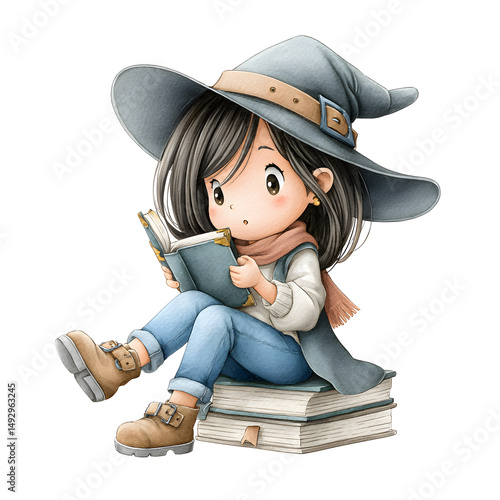 Watercolor Clip Art Young girl in a wizard hat, enjoying a book, cozy atmosphere, imaginative theme, perfect for storytelling or educational content. Isolated on white background or PNG