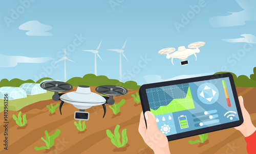 Agricultural drones flying over smart farm field with person holding a tablet, flat graphic style, clear blue sky background. Concept of modern precision agriculture. Vector illustration