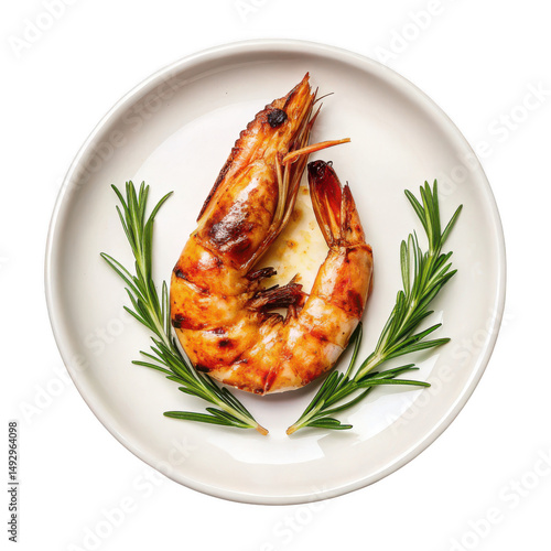 Grilled Shrimp on White Plate with Rosemary Sprigs on Transparent Background