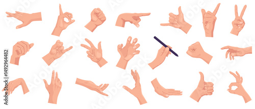 Collection of human hand gestures in different poses, cartoon style on white background. Concept of communication and expression. Vector illustration
