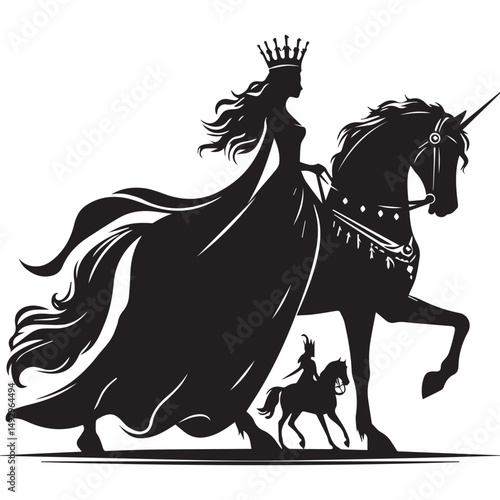 silhouette of a princess riding a horse, editable vector image