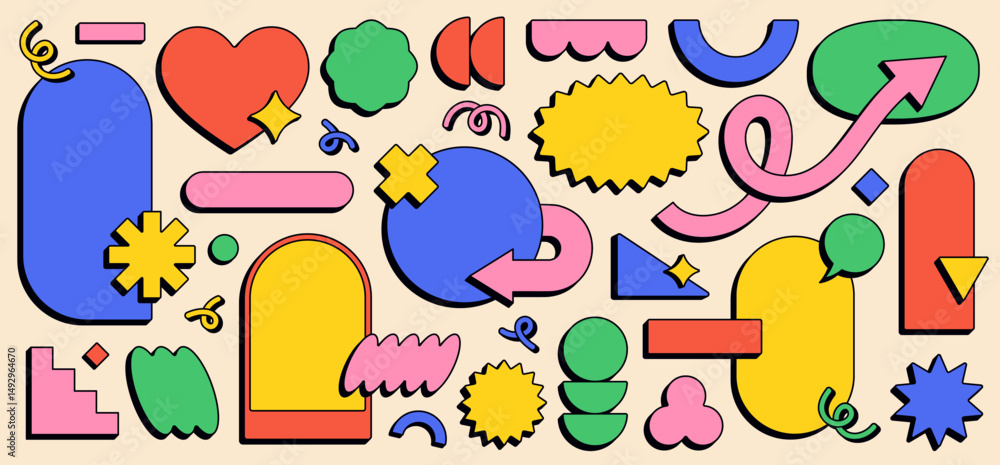 Fototapeta premium Abstract funky frames, playful blank stickers in various shapes. Colorful retro groovy labels, bold cartoon zig zag edge geometric forms, dynamic arrow pointers, empty comic style badges vector set