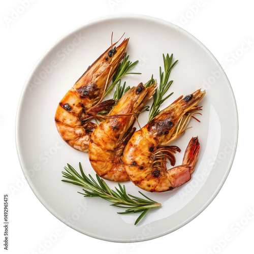 Grilled Shrimp with Rosemary on Plate with Transparent Background Studio Shot