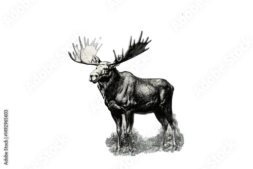 Hand-drawn Moose in Forest, Vintage Black and White Sketch, Nature Decor, Monochrome Animal Art, Trendy Outdoor Wall Art, Wildlife Etching, Retro Forest Illustration