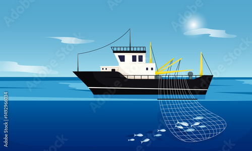 Fishing trawler catching fish with a large net in calm ocean, flat graphic style, under blue sky with sun. Concept of commercial fishing. Vector illustration