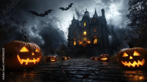 spooky background with a haunted mansion, jack-o'-lanterns glowing along the pathway, and bats fluttering in front of a cloudy sky.