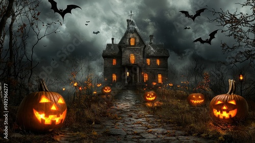 spooky background with a haunted mansion, jack-o'-lanterns glowing along the pathway, and bats fluttering in front of a cloudy sky.