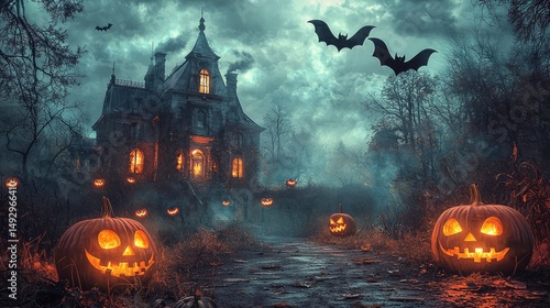 spooky background with a haunted mansion, jack-o'-lanterns glowing along the pathway, and bats fluttering in front of a cloudy sky.