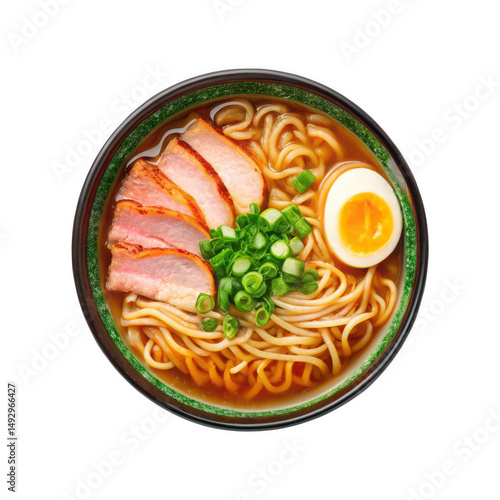Overhead Shot of Broth Bowl with Pork Slices, Noodles, Egg and Scallions