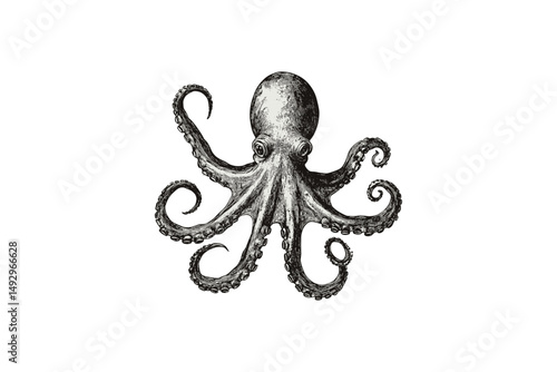 Vintage octopus engraving, hand-drawn ocean animal, monochrome sea life sketch, retro nautical art, trendy vintage illustration, old engraving style, tentacles spread, black sketch.