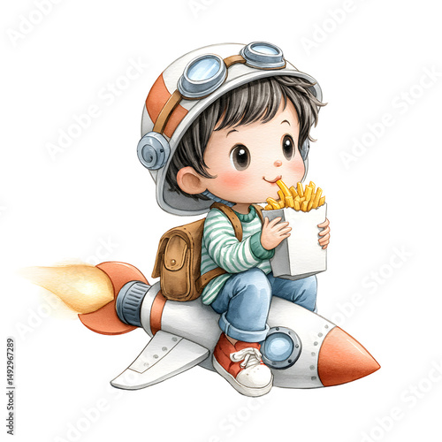 Watercolor Clip Art Young boy wearing goggles, sitting on a rocket, enjoying snacks, imaginative adventure theme, playful and whimsical tone. Isolated on white background or PNG