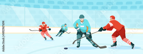 Photography Ice hockey players competing for puck on ice rink, flat graphic style, indoor stadium background