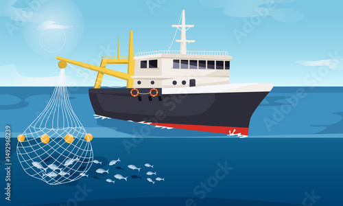 Fishing boat at sea using a net to catch fish, flat cartoon style, blue ocean background, concept of marine fishing industry. Vector illustration