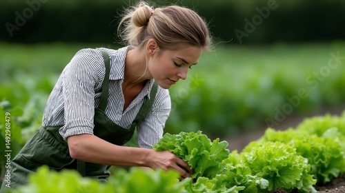 Wallpaper Mural A woman in an apron picking lettuce in a field Torontodigital.ca