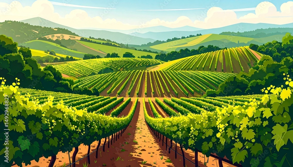 Fototapeta premium Vineyard Rows on Rolling Hills