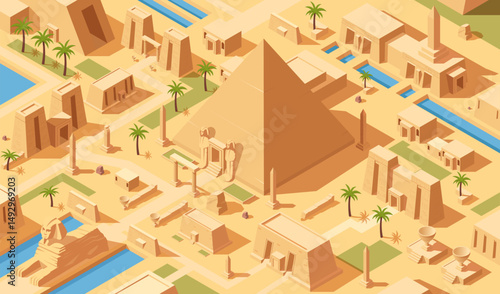 Isometric ancient Egyptian city with pyramid, temples, obelisks, and sphinx on desert background. Concept of historical civilization. Vector illustration