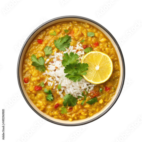 Topview Bowl Of Lentil Soup Garnished With Rice, Cilantro, and Lemon On Transparent Background