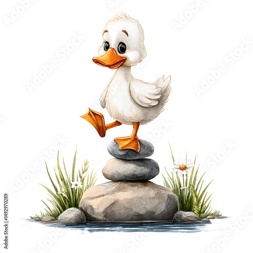 Watercolor Clip Art Playful cartoon duck balancing on stones, whimsical character exuding charm, perfect for children's stories or illustrations. Isolated on white background or PNG