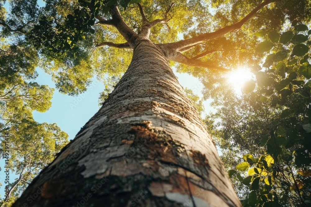 Fototapeta premium Massive tall tree reaching toward the sky in the Queensland jungle forest with sunlight filtering through the leaves, High tree in jungle forest of Queensland Massive tall trunk camera ascend