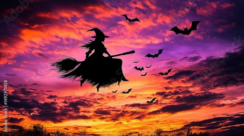 spooky silhouette of a witch flying on a broomstick across an orange and purple sunset sky, with black cats and bats.