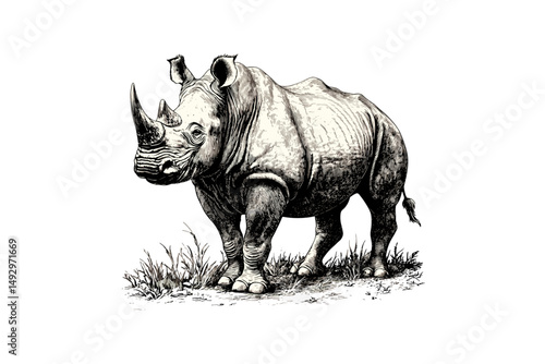 Vintage Engraving of Rhinoceros, Hand-drawn Monochrome Mammal, Wildlife Sketch, Trendy Endangered Species Art, Black Artwork, Nature Illustration