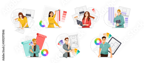 Team of interior designers using laptops, tablets, blueprints, and color samples, surrounded by design elements on white background. Concept of modern design process. Vector illustration