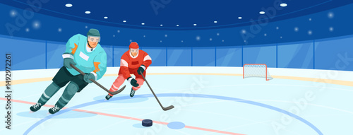 Two hockey players in action on an ice rink inside a stadium, flat cartoon style with blue background. Concept of competition and sports. Vector illustration