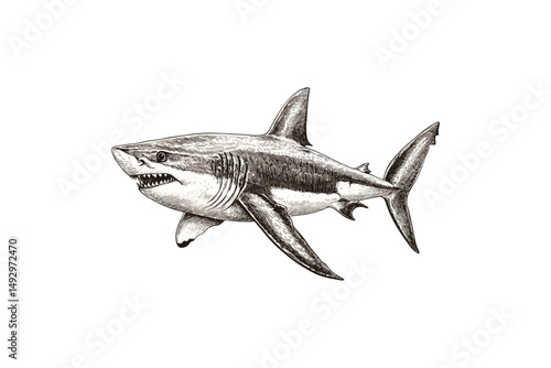 Vintage Shark Engraving, Hand-drawn Marine Illustration, Monochrome Sea Creature Line Art, Nautical Ocean Sketch, Old Etching Style, Black Ink Fauna Drawing, retro marine art