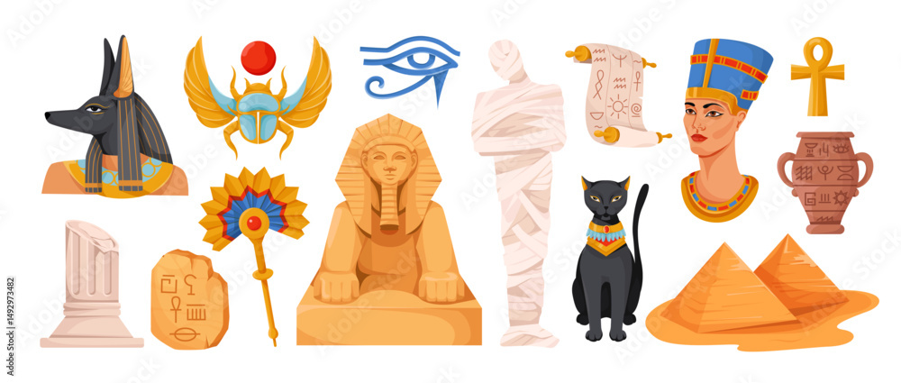 Fototapeta premium Collection of ancient Egypt culture and mythology elements, flat cartoon style on white background. Concept of historical Egyptian heritage. Vector illustration