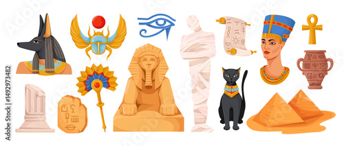 Collection of ancient Egypt culture and mythology elements, flat cartoon style on white background. Concept of historical Egyptian heritage. Vector illustration