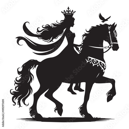 silhouette of a princess riding a horse, editable vector image