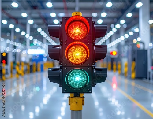 Traffic signal with red and green lights in warehouse environment